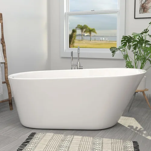 Vista 12 de Bañera independiente de acrílico Lucite de 59", forma columnar, tina de remojo contemporánea con desagüe central cromado con grifo de pie