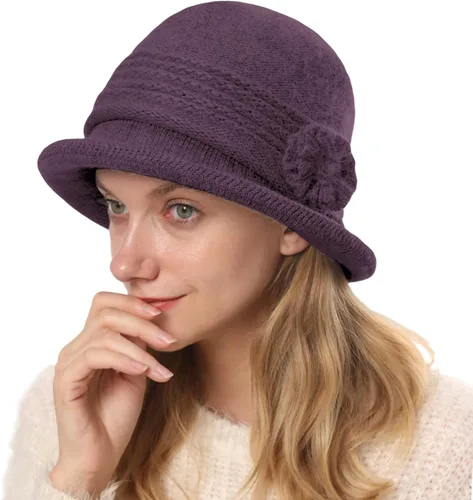 Vista 60 de C-US - Gorro de punto cálido para mujer, con visera de ganchillo con acento de flores