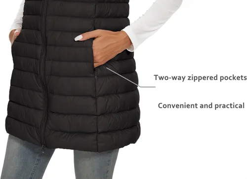 Vista 6 de ELFJOY Chaleco de plumón medio largo para mujer, chaleco acolchado ligero, chaqueta cortavientos elegante