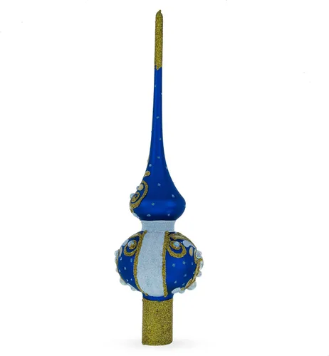 Vista 6 de Perlas blancas con hojas doradas en cristal azul para árbol de Navidad de 11 pulgadas