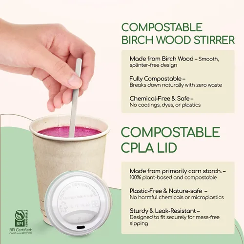 Vista 5 de Living Balance - Tazas de café compostables certificadas con tapas, 12 onzas, paquete de 100 con agitadores y mangas integradas, resistentes