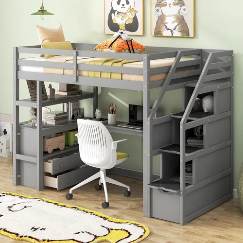Vista 15 de RUNNA Cama tipo loft moderna de madera con armario y escritorio Cama loft espresso+Gabinete +Escritorio