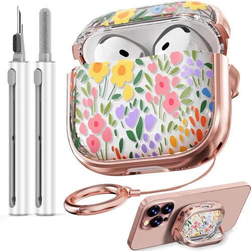Vista 41 de Inesore Funda con bloqueo de seguridad para AirPods 4 2024, bonita funda floral para AirPod de 4ª generación para mujeres con kit limpiador