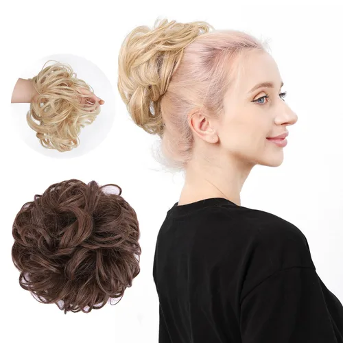 Vista 13 de Moño desordenado, moño sintético ondulado para coleta, extensiones de cabello rizado (rubio claro)
