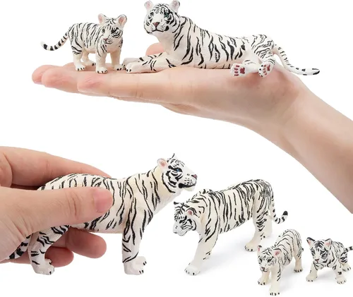 Vista 3 de Toymany 6 figuras realistas de tigres blancos con cachorros de tigre, figuras familiares de animales de la selva de 2 a 6 pulgadas, incluye tigres