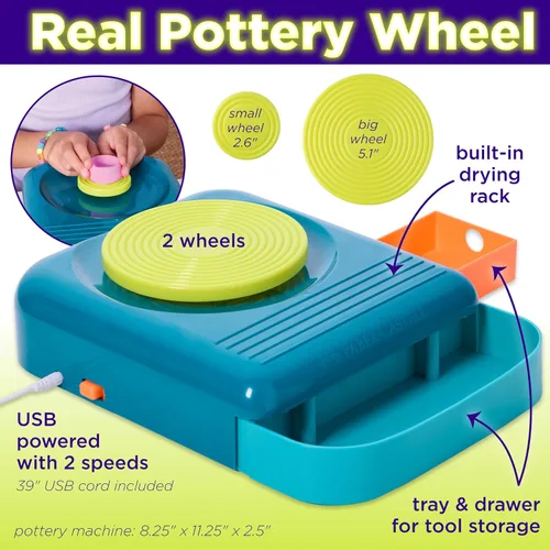 Vista 4 de Faber-Castell Neon Glow Pottery Studio: crea tus propios diseños de cerámica con rueda de cerámica alimentada por USB, arcilla seca al aire