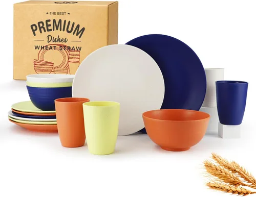 Vista 16 de Homienly Juegos de Vajilla Premium de Paja de Trigo, Platos y Tazones Ligeros e Irrompibles, Tazas, Servicio para 4, Apto para Lavavajillas