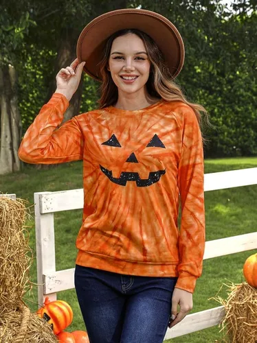 Vista 4 de For G and PL Sudadera de Halloween de manga larga con cuello redondo y calabaza para mujer