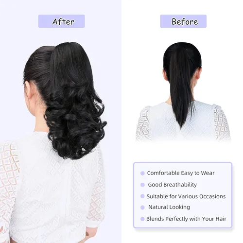 Vista 5 de extensión de cola de caballo, extensión de pelo con pinza de 12" cola de caballo rizada corta Extensión de pelo sintético de aspecto natural