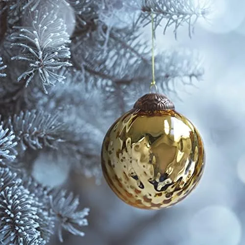 Vista 3 de Juego de 4 adornos dorados de vidrio de mercurio (bola antigua en relieve de 3.15 pulgadas) perfectos para árbol de Navidad, decoración colgante