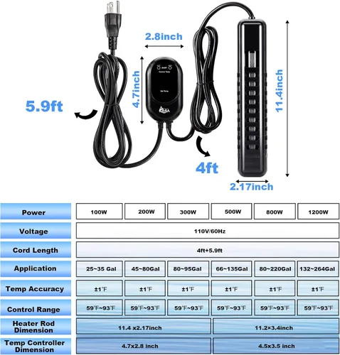 Vista 7 de AQQA Calentador sumergible para acuario, calentador de tanque de peces de 100 W/200 W/300 W/500 W/800 W/1000 W/1200 W, controlador de temperatura