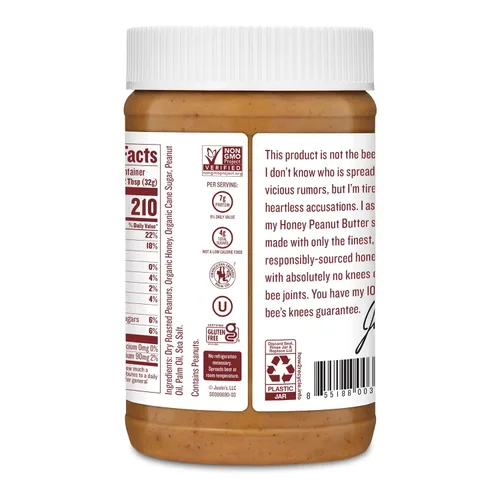 Vista 4 de Justin's Mantequilla de maní con miel, sin agitación, sin gluten, sin OMG, de origen responsable, 12 frascos, 16 onzas (paquete de 12)