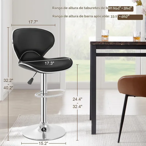 Vista 3 de Sillas giratorias taburetes de bar y modernas ajustable de piel sintética, conjunto de 2, Cuero, Negro
