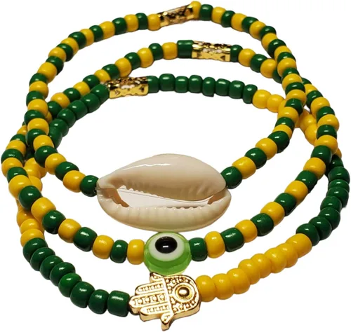 Vista 48 de 3 pcs Ilde Cowrie seashell Evil Eye Hamsa Hand Orisha Santeria Pulseras Bracelet Set