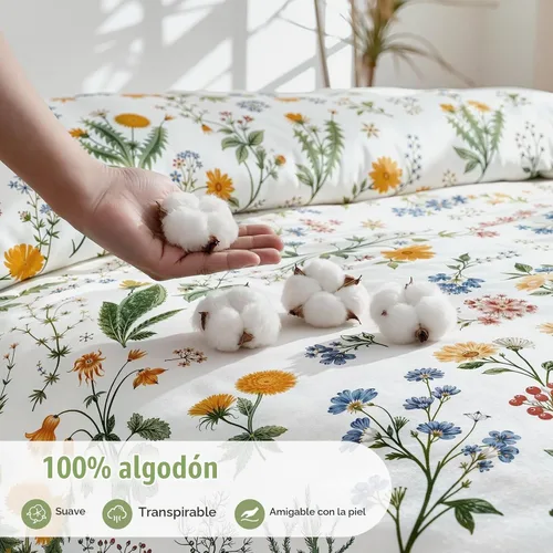 Vista 3 de Lekesky - Juego de funda de edredón de algodón tamaño queen, 100% algodón reversible con estampado floral verde, juego de funda de edredón con 01