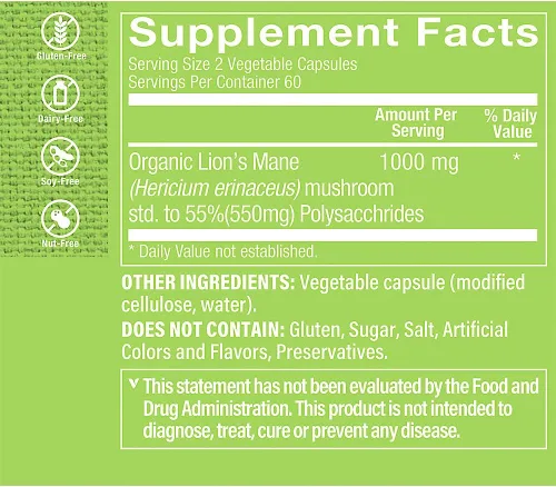Vista 2 de The Vitamin Shoppe Fórmula de hongo nootrópico de melena de león para (120 cápsulas vegetales)