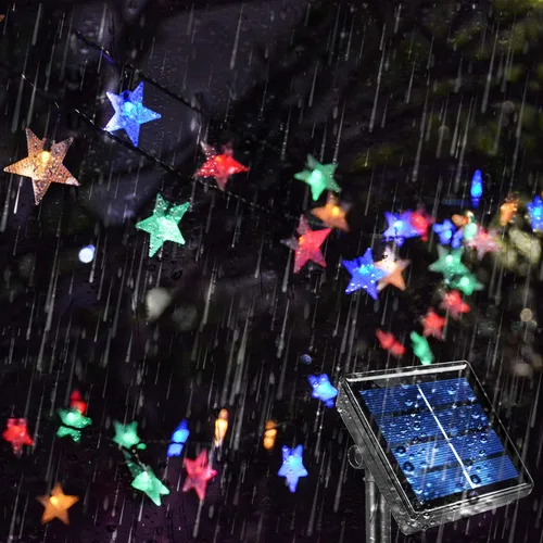 Vista 3 de 50 pies 120 LED luces de cuerda solares de hadas para exteriores, impermeables, luces decorativas de estrella centelleante para jardín, poste