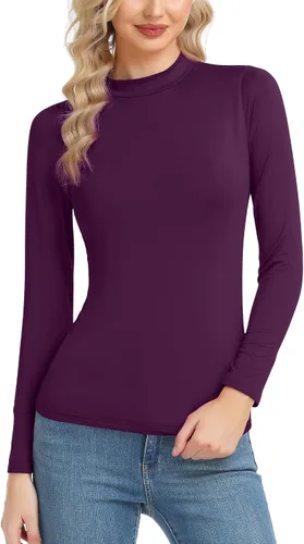 Vista 11 de Camiseta térmica básica de manga larga para mujer, ligera, con cuello alto falso, ajustada, capa suave Beige