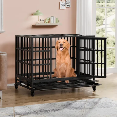 Vista 2 de Vongrasig Jaulas para perros indestructibles resistentes de 48/38 pulgadas, jaula de escape de doble puerta, jaula de metal reforzado para mascotas