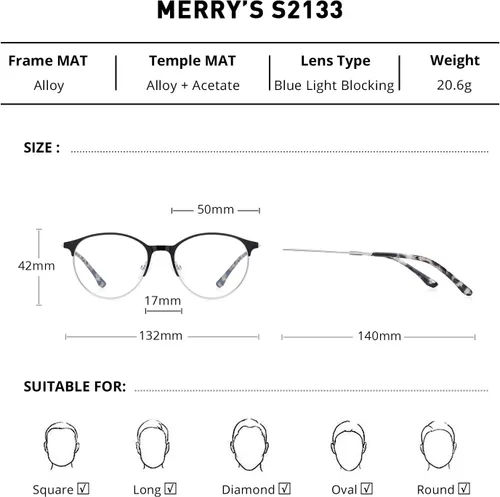 Vista 2 de MERRY'S Retro Redondo Azul Luz Bloqueando Gafas Hipster Metal Marco Mujeres Gafas