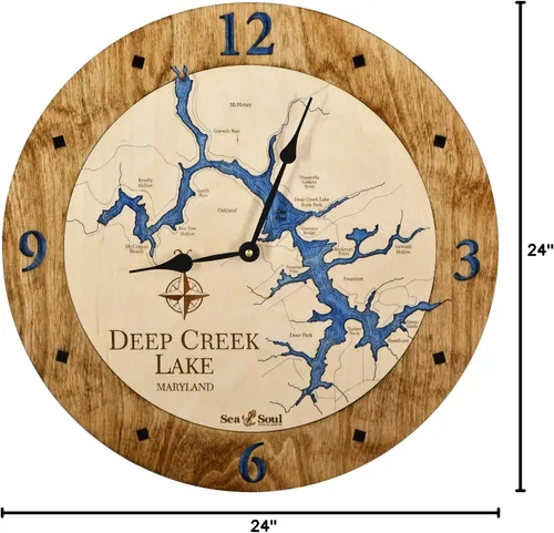 Vista 10 de Sea & Soul Deep Creek Lake - Reloj de pared de madera de 24 pulgadas, fabricado con orgullo en los Estados Unidos, arte de cartas náuticas, regalos