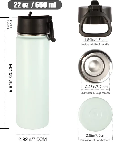 Vista 2 de Volhoply Botellas de agua aisladas de 22 onzas con tapa con popote, botella deportiva de acero inoxidable con asa, tazas de agua de metal al vacío