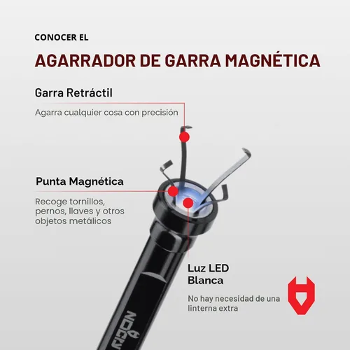 Vista 2 de NoCry Herramienta de recogida de garra magnética flexible con luz LED brillante - Herramienta de recogida magnética retráctil de 27.7 pulgadas