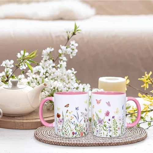 Vista 5 de Whaline 2 tazas de café florales de primavera con asa, 12 onzas, acuarela, flores silvestres, mariposa, taza de cerámica para familiares amigos