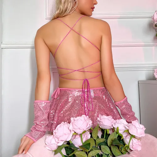 Vista 4 de Traje de rave metálico para mujer, top corto brillante, falda de brasier, traje de baño, festivales de música, disfraz de Halloween o cosplay