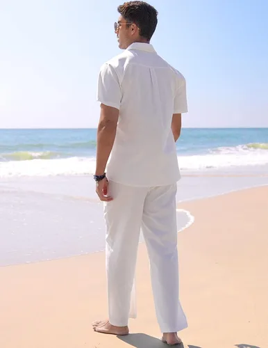 Vista 4 de COOFANDY Conjunto de lino para hombre, 2 piezas, casual, camisa con botones, pantalones con cordón