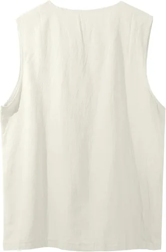 Vista 3 de utcoco Camisetas de verano para hombre, estilo hippie, sin mangas, con cordones, algodón y lino, con bolsillo