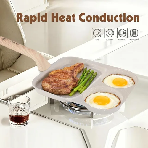 Vista 2 de CLANK - Sartén antiadherente para huevos 3 en 1 con plancha antiadherente dividida, sartén multifunción para desayuno/panqueques para cocinas de gas