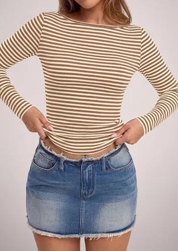Vista 7 de PRETTYGARDEN Camisas de manga larga a rayas para mujer, tops lindos de Rayas Beige Marrón