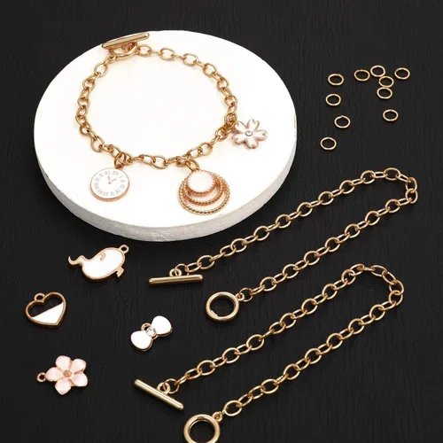 Vista 2 de Hicarer 12 pulseras de cadena de oro a granel con dijes de aleación de metal para hacer joyas, pulseras de eslabones chapados, kit de cierres