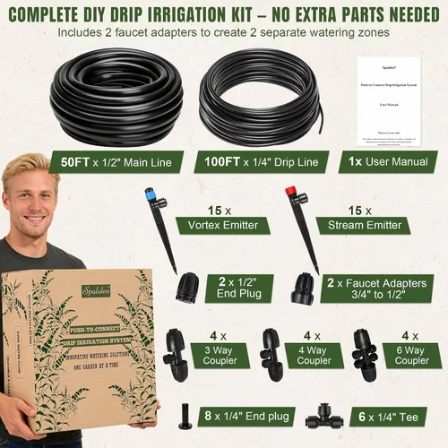 Vista 7 de Sistema de riego por goteo de empuje para conectar, sistema de riego ajustable para cama elevada de jardín, sistema automático de riego de plantas