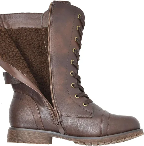 Vista 7 de DREAM PAIRS Botas de combate de equitación a media pantorrilla con forro de piel sintética para mujer