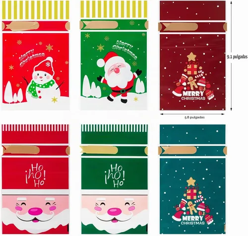 Vista 3 de HongyiTime 60 bolsas de dulces de Navidad, bolsas de regalo de plástico con cordón para regalo de fiesta de cumpleaños, aperitivos, regalos de boda