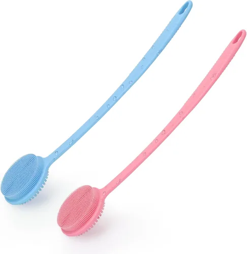 Vista 7 de Paquete de 2 cepillos de espalda para ducha, cepillo corporal de mango largo de 17 pulgadas, cepillo de ducha de doble cara para exfoliación