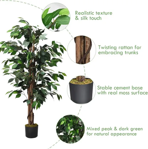 Vista 5 de Goplus Árbol de seda artificial de ficus de 4 pies, árbol falso en maceta con hojas verdes y tronco natural, sin mantenimiento, planta sintética