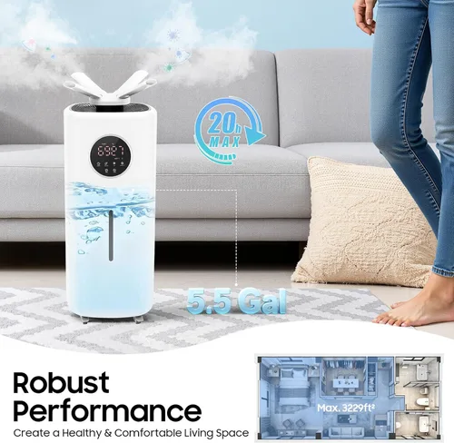 Vista 2 de Humidificador grande de 21L para el hogar de 3000 pies cuadrados, humidificador ultrasónico para toda la casa de 5.5 galones con 3 niveles