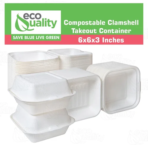 Vista 6 de Recipientes de comida para llevar con cubierta cuadrada compostable con bisagras de 6x6,Contenedores desechables para llevar, contenedores