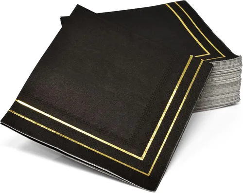 Vista 2 de Gift Boutique 100 servilletas doradas y negras de 3 capas de papel de aluminio dorado metálico con rayas desechables para postres de papel