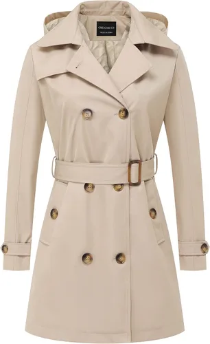 Vista 12 de CREATMO US Gabardina para mujer con doble botonadura clásica con solapa, con cinturón y capucha desmontable Albaricoque
