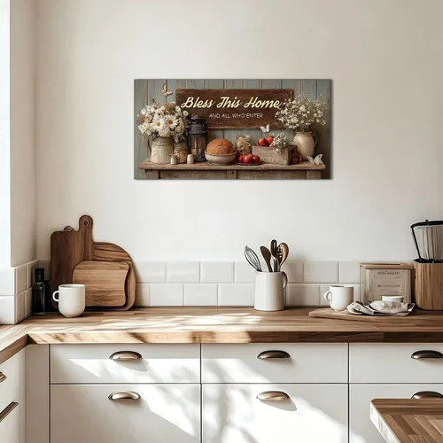 Vista 6 de TIMUBA Decoración de pared de cocina de granja, arte de pared de cocina con texto en inglés "Bless This Home and All Who Enter Kitchen Blessing