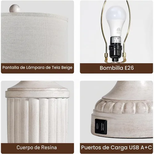 Vista 5 de Juego de 2 lámparas de mesa de granja para dormitorio, lámpara de noche de 27.5 pulgadas con puertos USB, lámpara de mesa de noche regulable