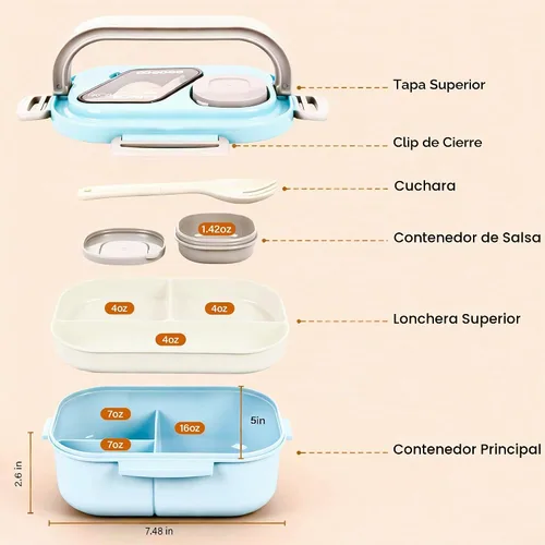 Vista 3 de PEDECO - Caja Bento azul con bolsa, apilable de 2 niveles con utensilios y caja de salsa