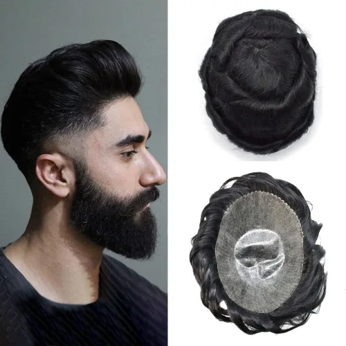 Vista 37 de Toupee para hombres pieza de pelo suave poli piel real sistema de cabello humano para hombre tupé durable PU piezas de pelo para hombres reemplazo