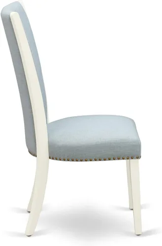 Vista 5 de East West Furniture VEP2T15 Verona Parson - Juego de 2 sillas de comedor acolchadas de tela de lino azul bebé con ribete de cabeza de clavo