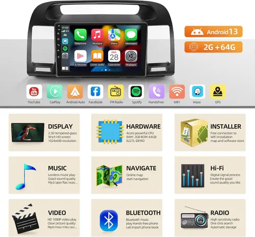 Vista 2 de Estéreo de coche Android 13 para Toyota Camry 2000 2001 2002 2003 2004 2005 2006 9 pulgadas pantalla táctil Radio con Carplay Android Auto Hi-Fi