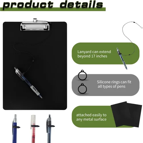 Vista 4 de Paquete de 2 portapapeles magnéticos con bolígrafo adjunto, tablero de clip negro con portapapeles de perfil bajo, 9 x 12.5 pulgadas, clip estándar